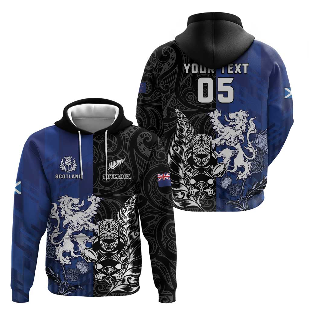 New Zealand And Scotland Rugby Custom Zip Hoodie Maori Tiki With Thistle Together LT05 - Polynesian Pride