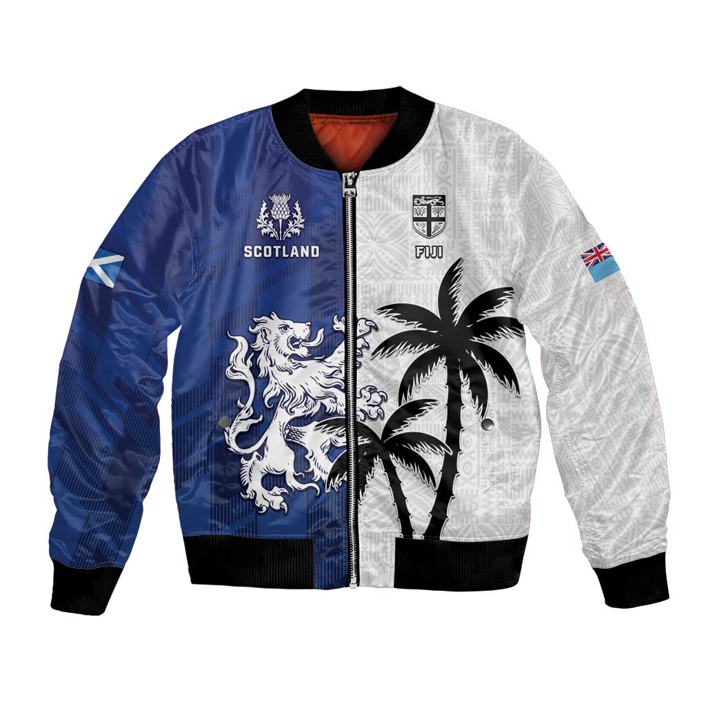 Fiji And Scotland Rugby Custom Bomber Jacket Fijian Palm Tree With Thistle Together