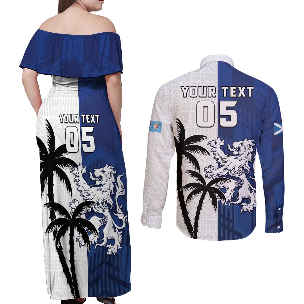 Fiji And Scotland Rugby Custom Couples Matching Off Shoulder Maxi Dress and Long Sleeve Button Shirt Fijian Palm Tree With Thistle Together