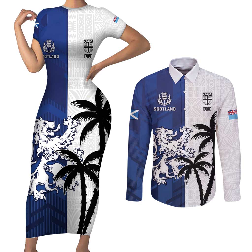 Fiji And Scotland Rugby Custom Couples Matching Short Sleeve Bodycon Dress and Long Sleeve Button Shirt Fijian Palm Tree With Thistle Together