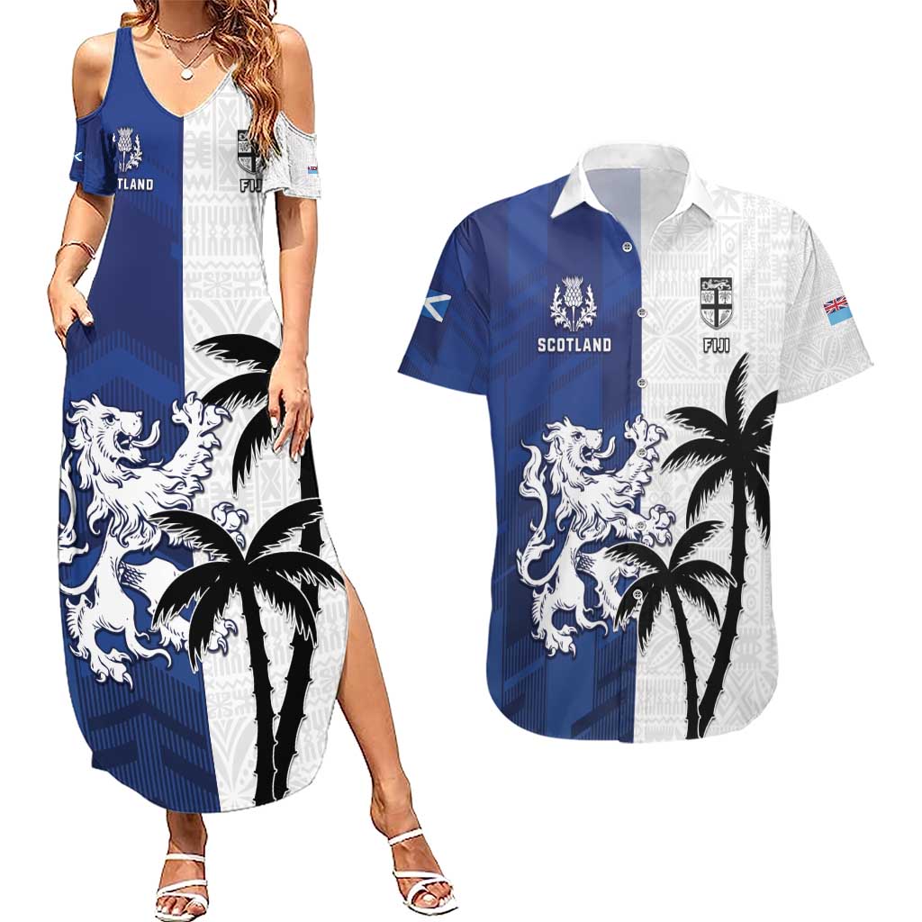 Fiji And Scotland Rugby Custom Couples Matching Summer Maxi Dress and Hawaiian Shirt Fijian Palm Tree With Thistle Together
