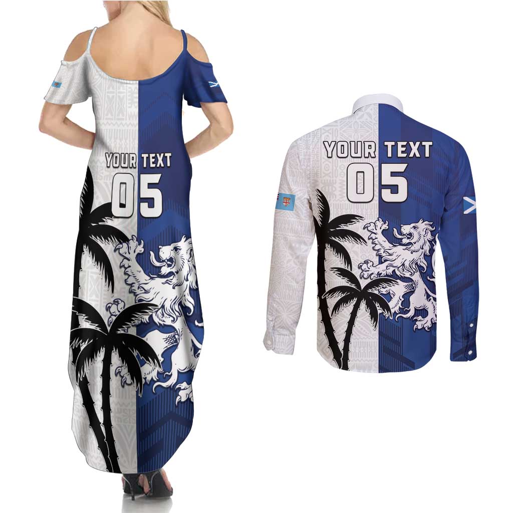 Fiji And Scotland Rugby Custom Couples Matching Summer Maxi Dress and Long Sleeve Button Shirt Fijian Palm Tree With Thistle Together