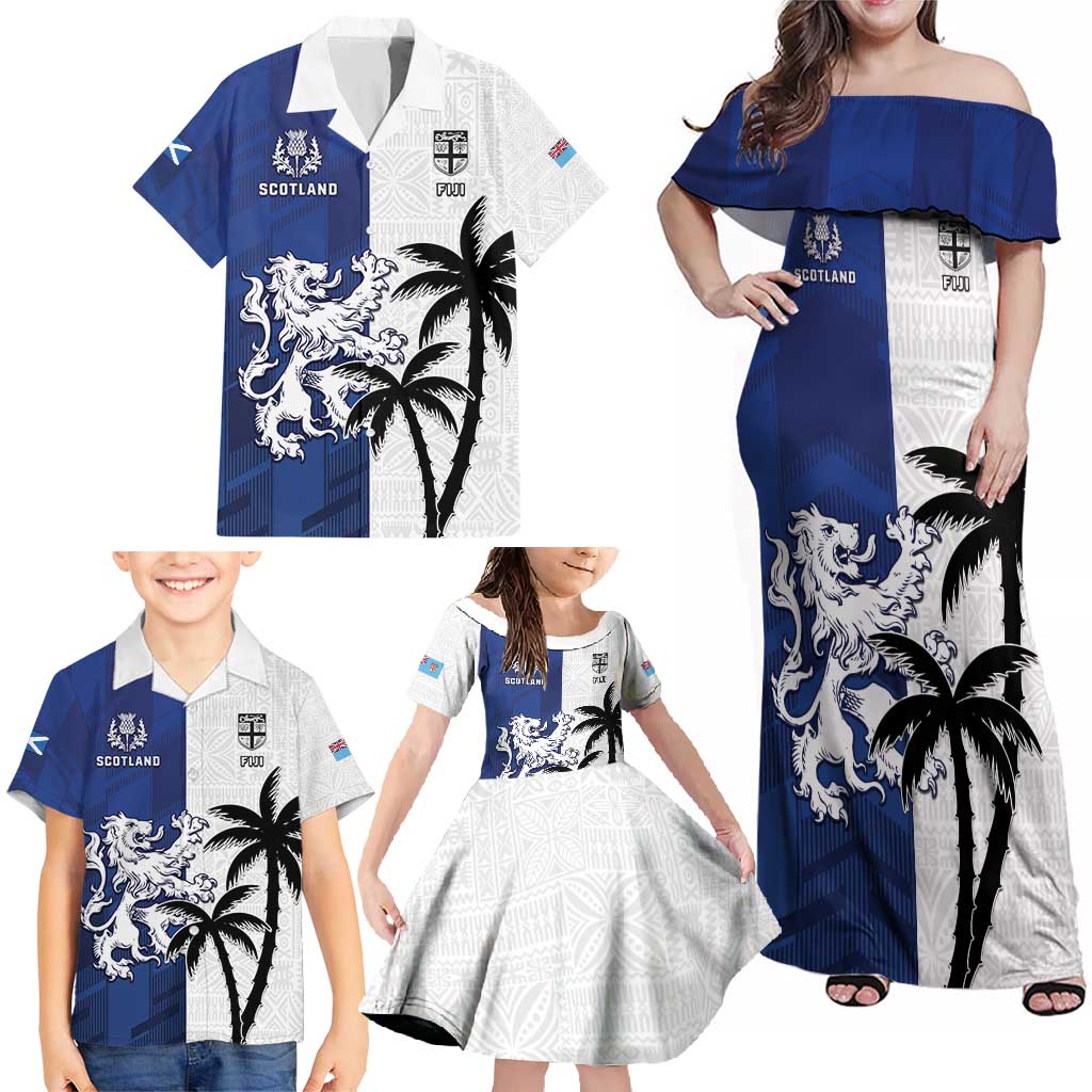 Fiji And Scotland Rugby Custom Family Matching Off Shoulder Maxi Dress and Hawaiian Shirt Fijian Palm Tree With Thistle Together