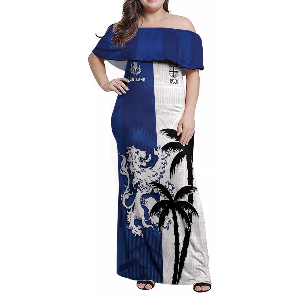Fiji And Scotland Rugby Custom Family Matching Off Shoulder Maxi Dress and Hawaiian Shirt Fijian Palm Tree With Thistle Together