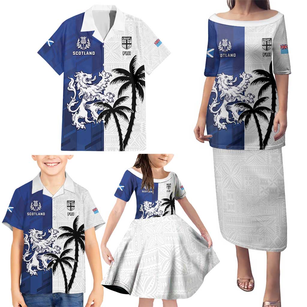Fiji And Scotland Rugby Custom Family Matching Puletasi and Hawaiian Shirt Fijian Palm Tree With Thistle Together