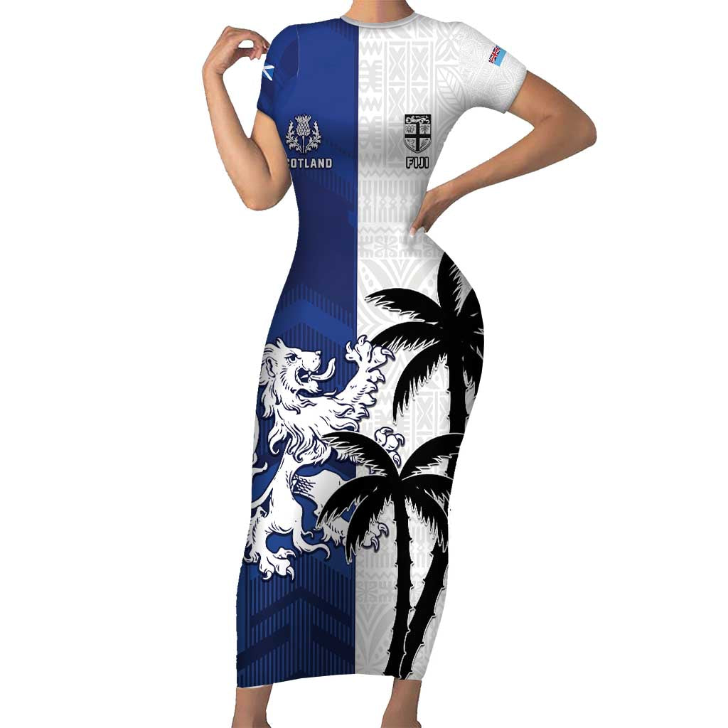 Fiji And Scotland Rugby Custom Family Matching Short Sleeve Bodycon Dress and Hawaiian Shirt Fijian Palm Tree With Thistle Together