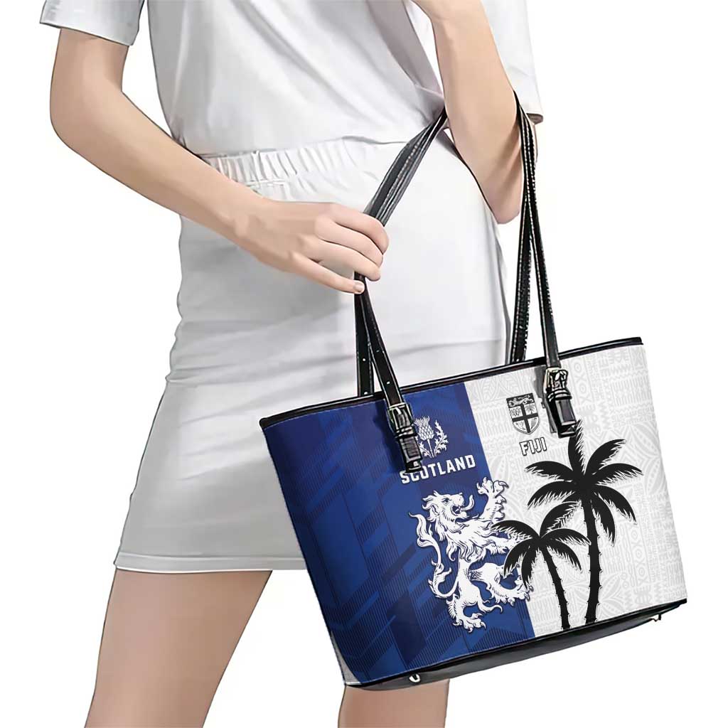 Fiji And Scotland Rugby Leather Tote Bag Fijian Palm Tree With Thistle Together