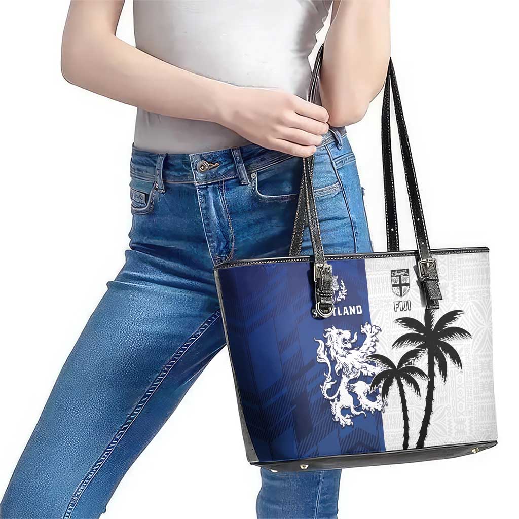 Fiji And Scotland Rugby Leather Tote Bag Fijian Palm Tree With Thistle Together