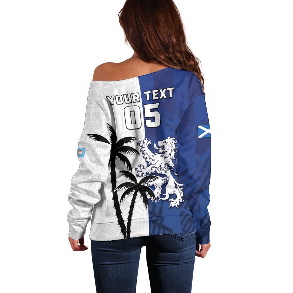 Fiji And Scotland Rugby Custom Off Shoulder Sweater Fijian Palm Tree With Thistle Together