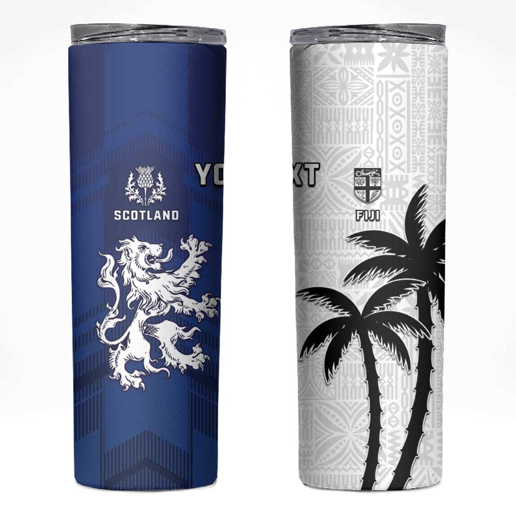 Fiji And Scotland Rugby Custom Skinny Tumbler Fijian Palm Tree With Thistle Together LT05 Blue - Polynesian Pride