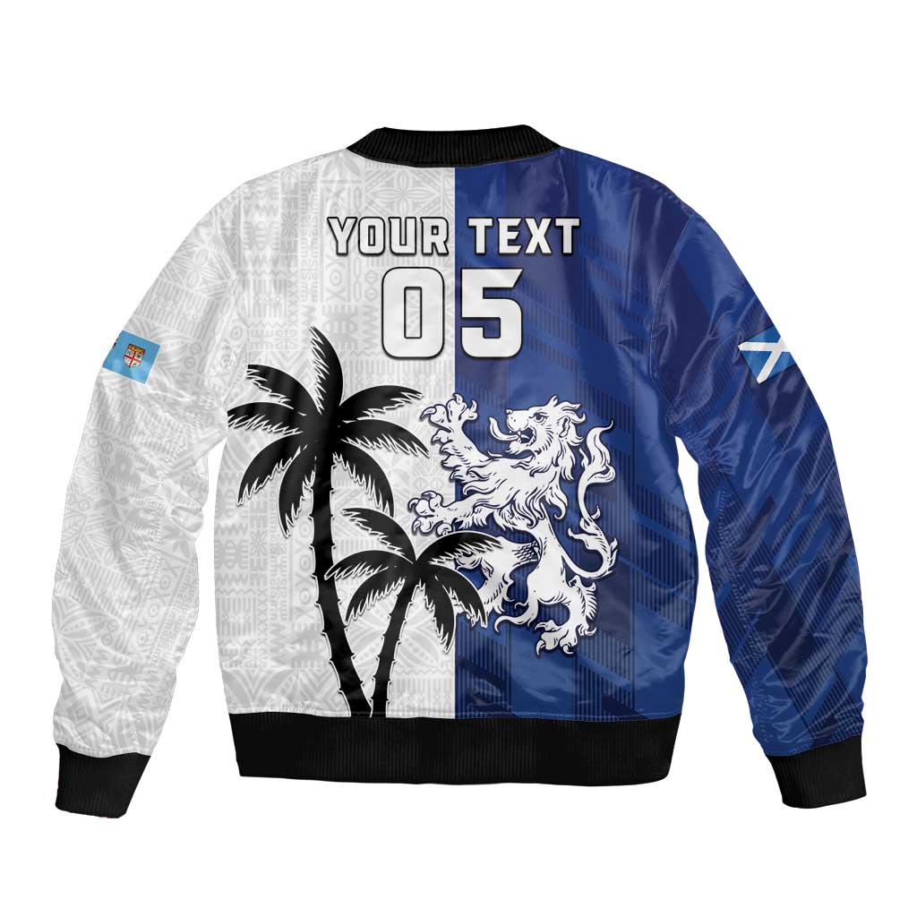 Fiji And Scotland Rugby Custom Sleeve Zip Bomber Jacket Fijian Palm Tree With Thistle Together