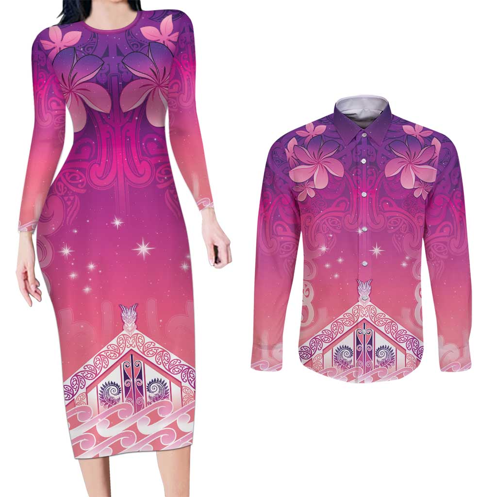 New Zealand Matariki Couples Matching Long Sleeve Bodycon Dress and Long Sleeve Button Shirt Maori Marae Purple Galaxy