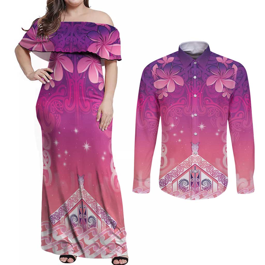 New Zealand Matariki Couples Matching Off Shoulder Maxi Dress and Long Sleeve Button Shirt Maori Marae Purple Galaxy LT05 Purple - Polynesian Pride