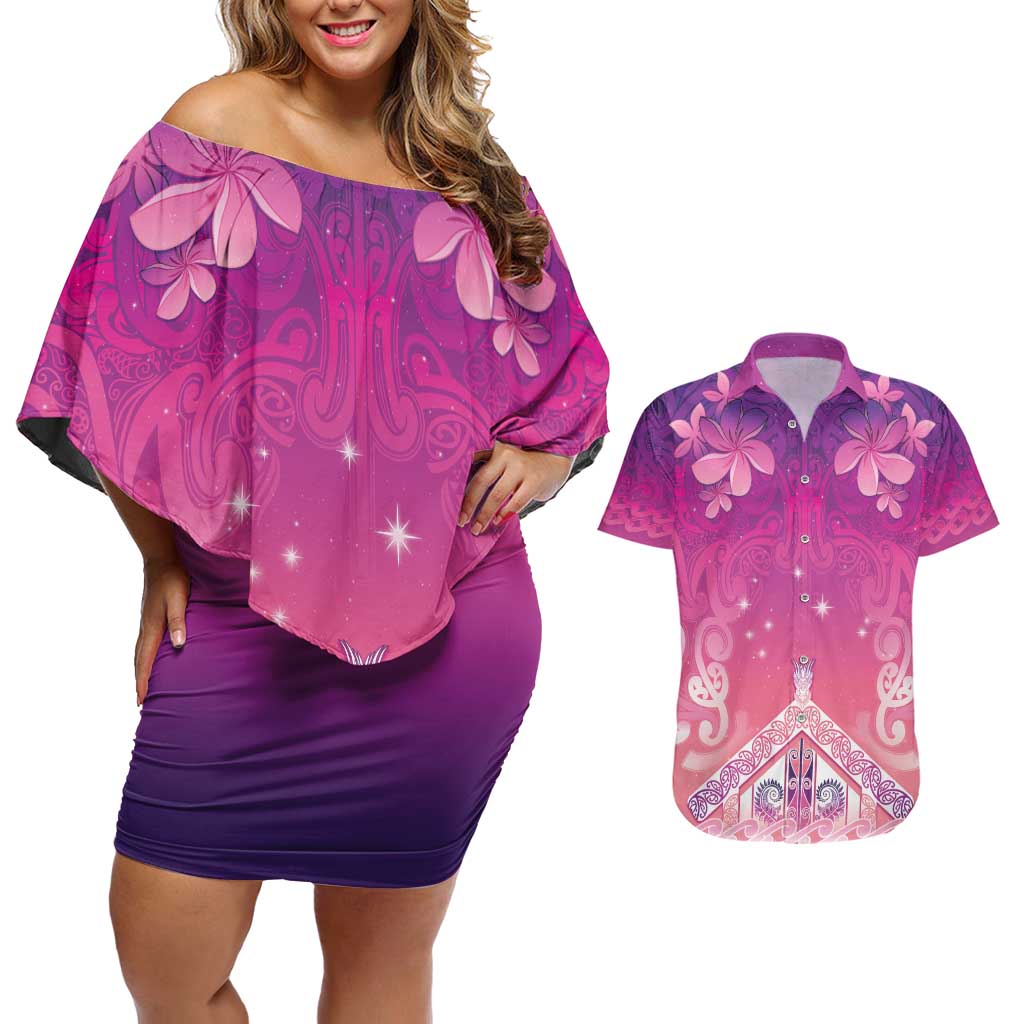 New Zealand Matariki Couples Matching Off Shoulder Short Dress and Hawaiian Shirt Maori Marae Purple Galaxy
