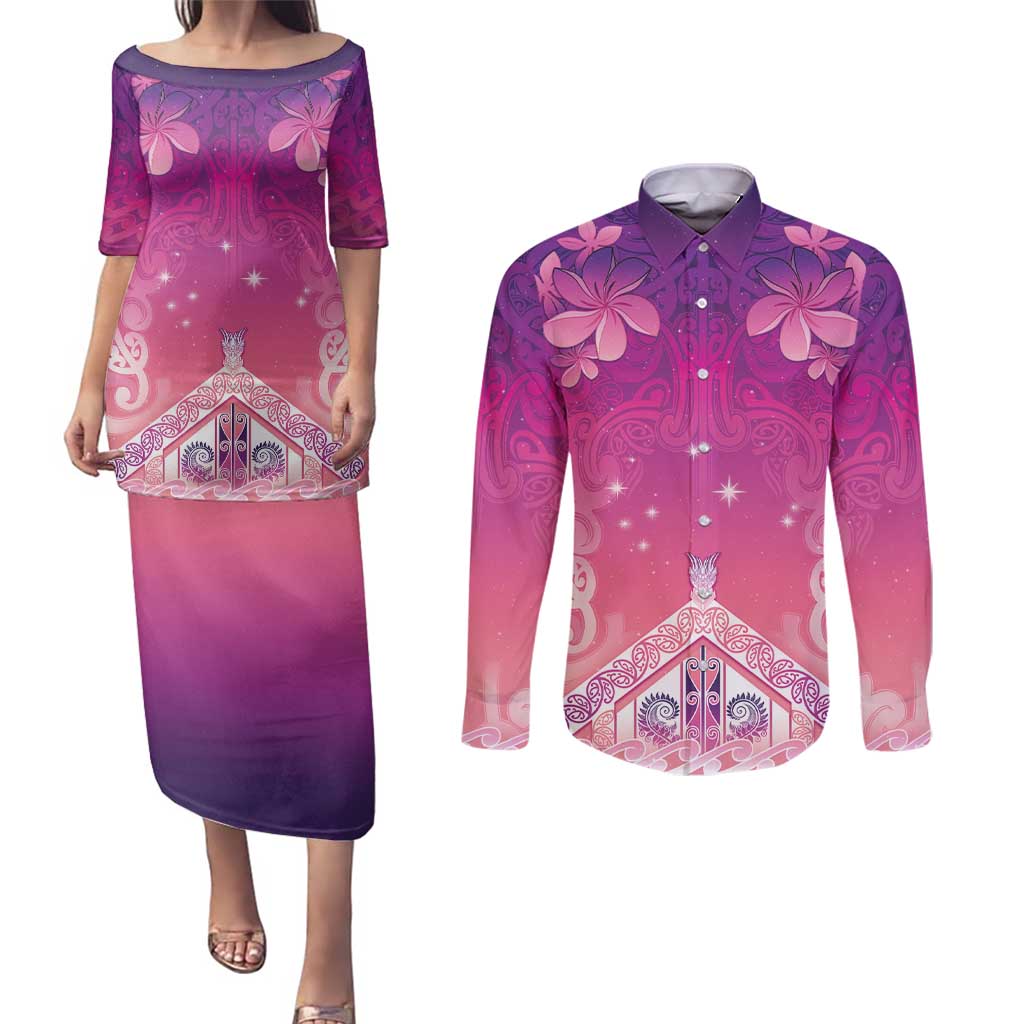 New Zealand Matariki Couples Matching Puletasi and Long Sleeve Button Shirt Maori Marae Purple Galaxy