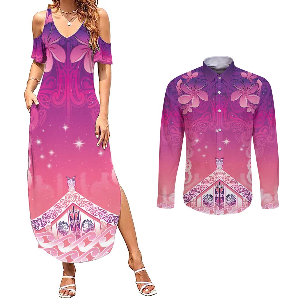 New Zealand Matariki Couples Matching Summer Maxi Dress and Long Sleeve Button Shirt Maori Marae Purple Galaxy LT05 Purple - Polynesian Pride