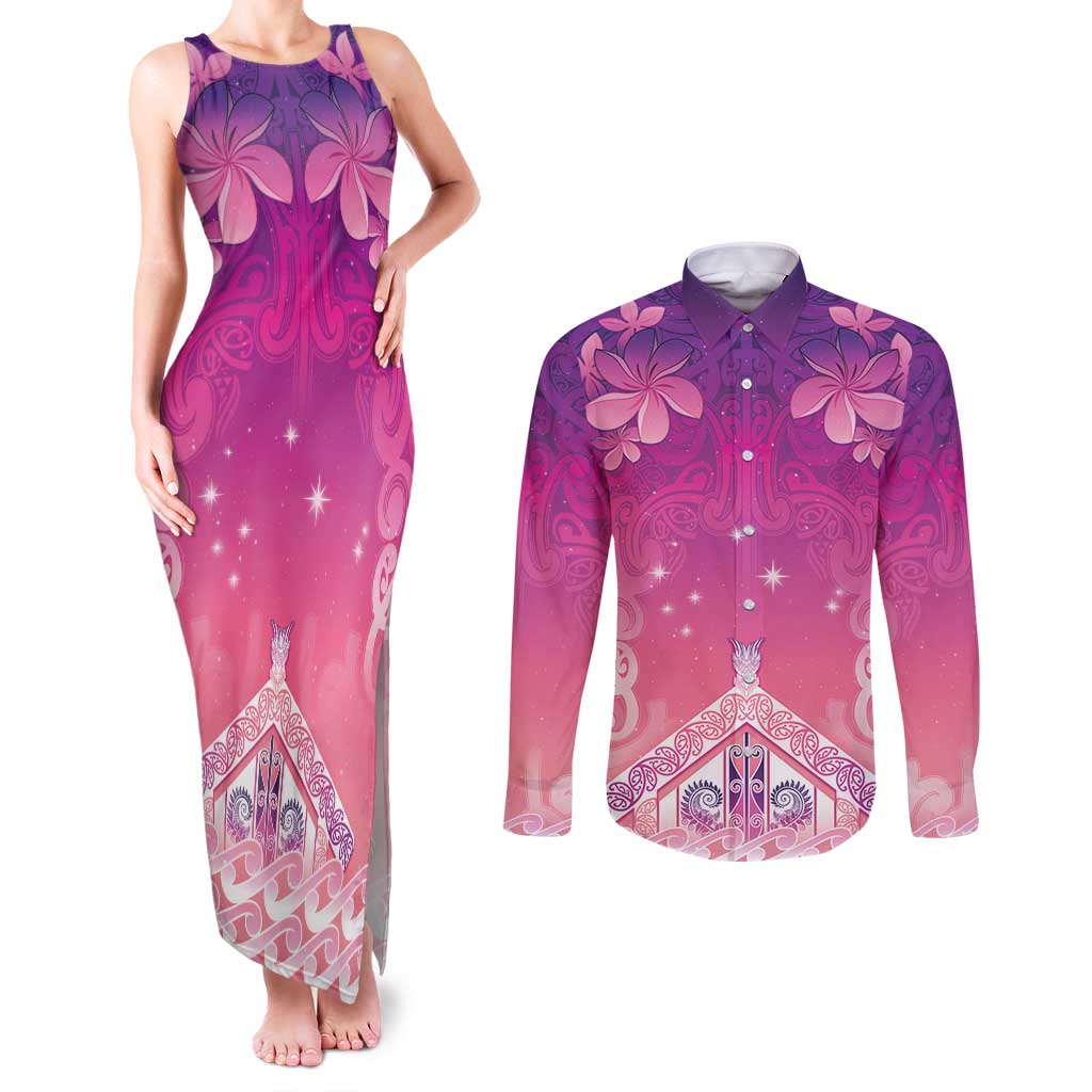 New Zealand Matariki Couples Matching Tank Maxi Dress and Long Sleeve Button Shirt Maori Marae Purple Galaxy