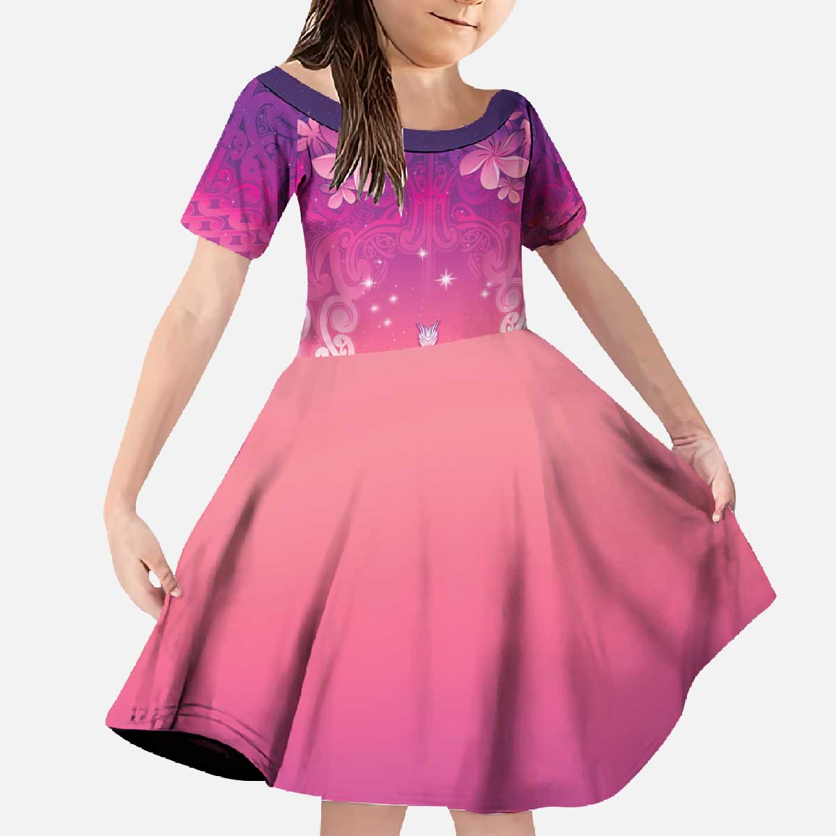 New Zealand Matariki Family Matching Off The Shoulder Long Sleeve Dress and Hawaiian Shirt Maori Marae Purple Galaxy LT05 Daughter's Dress Purple - Polynesian Pride