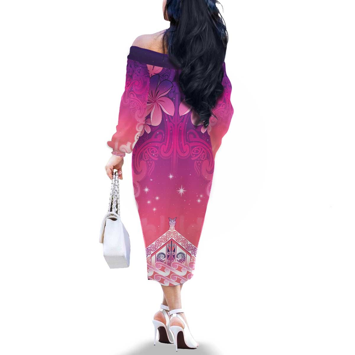 New Zealand Matariki Family Matching Off The Shoulder Long Sleeve Dress and Hawaiian Shirt Maori Marae Purple Galaxy LT05 - Polynesian Pride