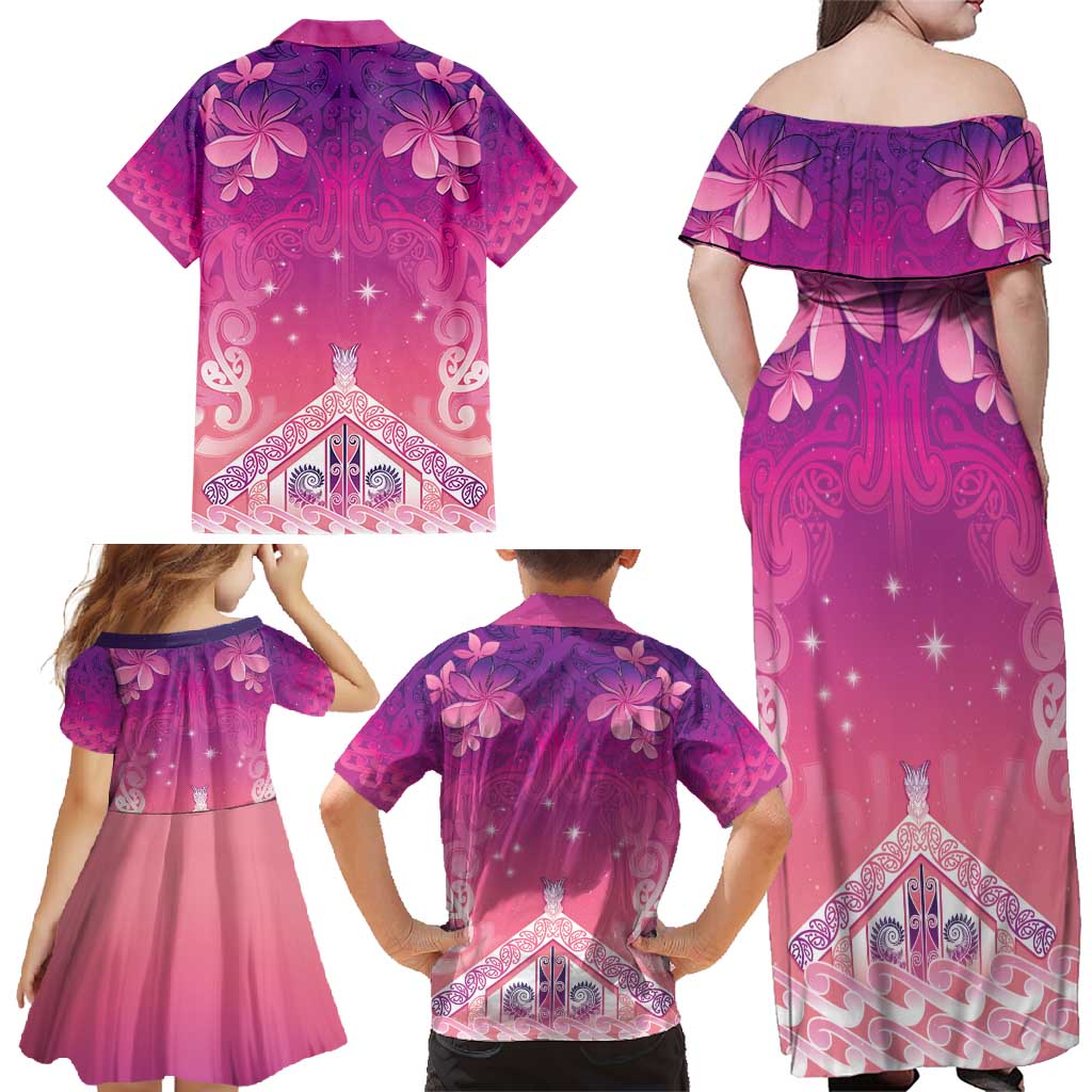 New Zealand Matariki Family Matching Off Shoulder Maxi Dress and Hawaiian Shirt Maori Marae Purple Galaxy