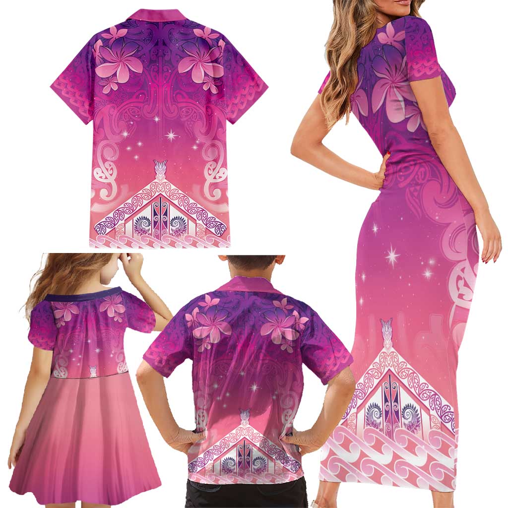 New Zealand Matariki Family Matching Short Sleeve Bodycon Dress and Hawaiian Shirt Maori Marae Purple Galaxy LT05 - Polynesian Pride