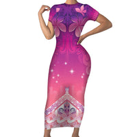 New Zealand Matariki Family Matching Short Sleeve Bodycon Dress and Hawaiian Shirt Maori Marae Purple Galaxy LT05 Mom's Dress Purple - Polynesian Pride