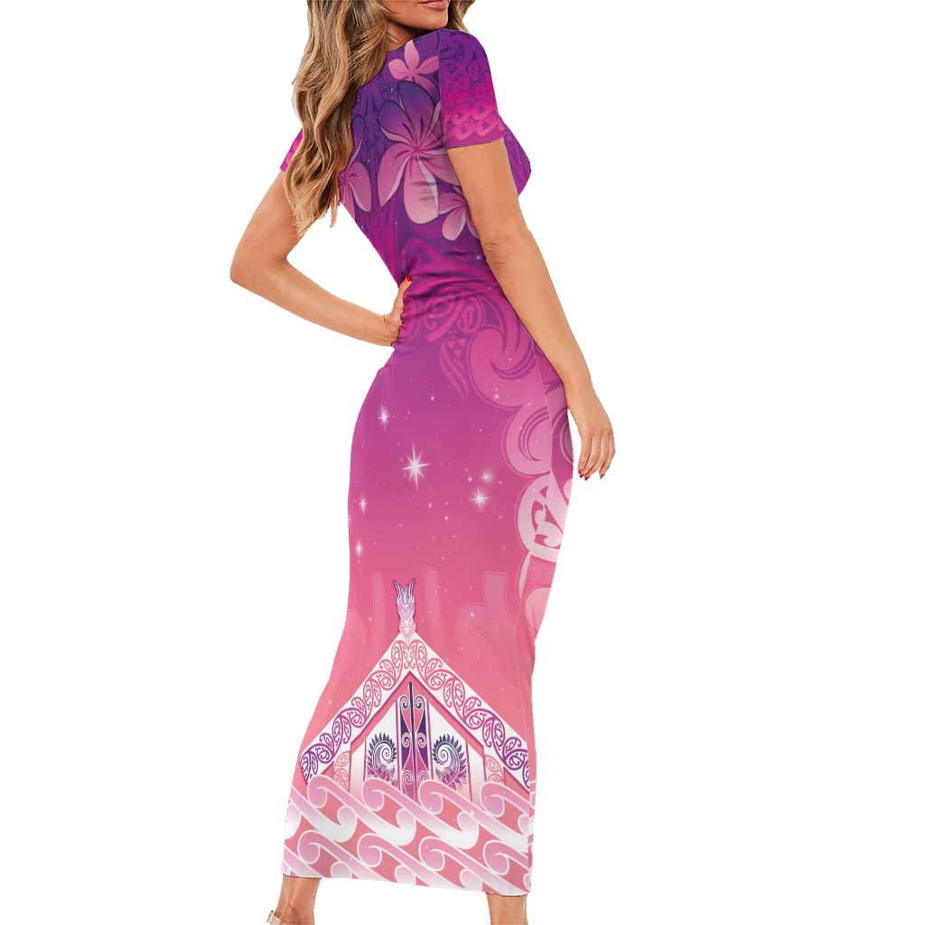 New Zealand Matariki Short Sleeve Bodycon Dress Maori Marae Purple Galaxy LT05 - Polynesian Pride