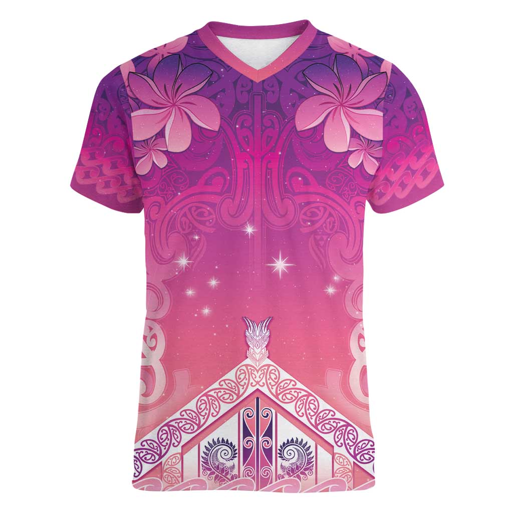 New Zealand Matariki Women V-Neck T-Shirt Maori Marae Purple Galaxy
