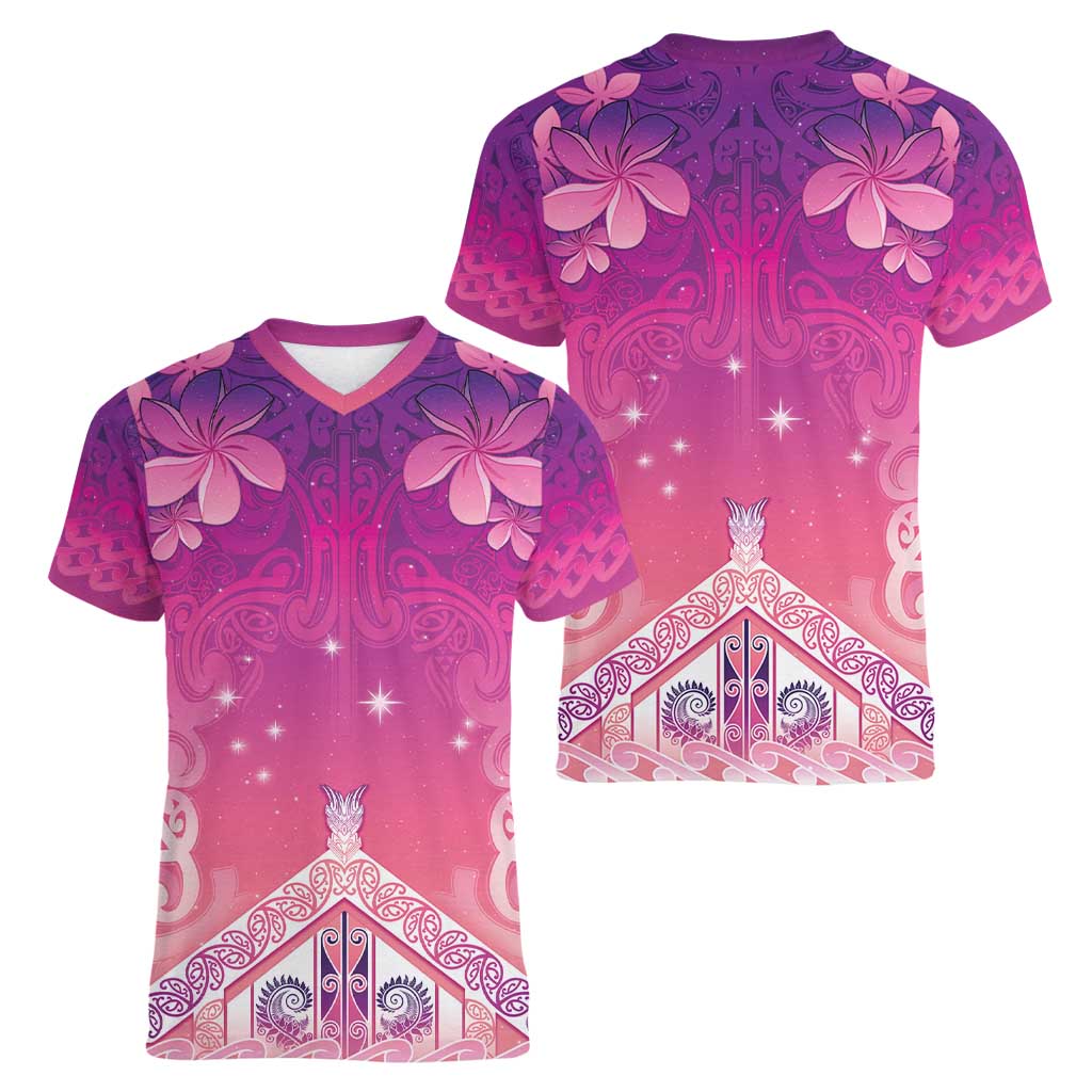 New Zealand Matariki Women V-Neck T-Shirt Maori Marae Purple Galaxy LT05 - Polynesian Pride