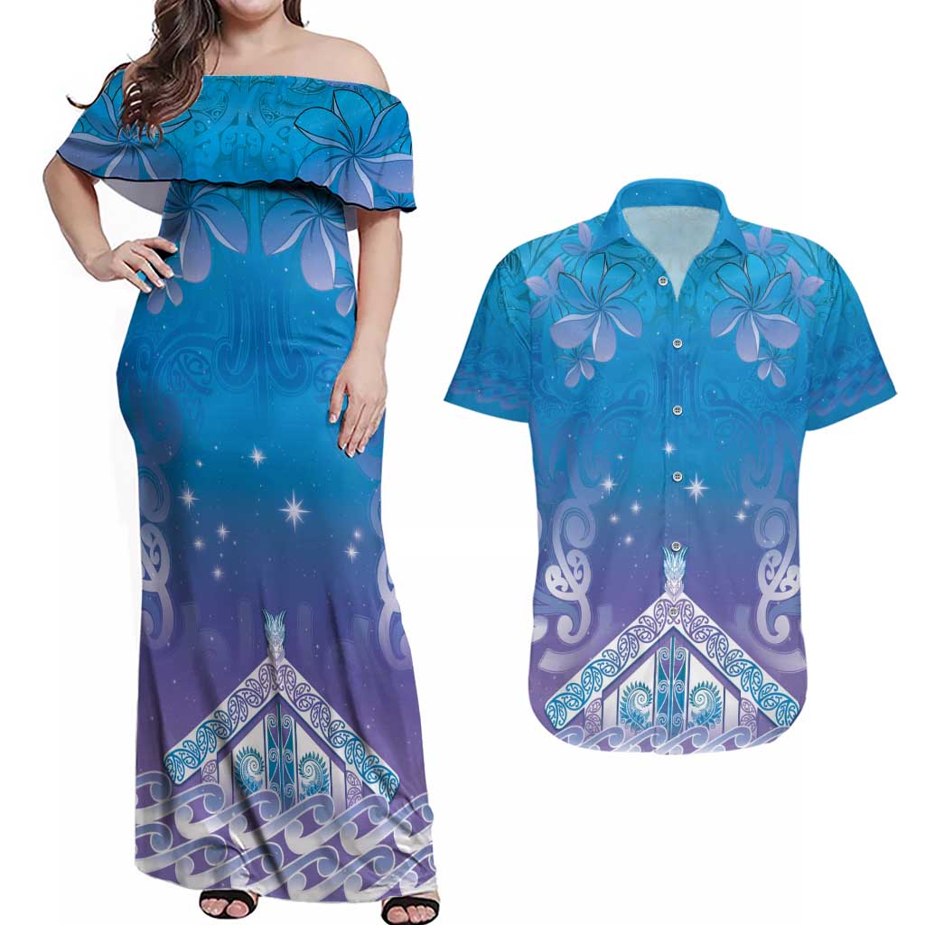 New Zealand Matariki Couples Matching Off Shoulder Maxi Dress and Hawaiian Shirt Maori Marae Cyan Galaxy