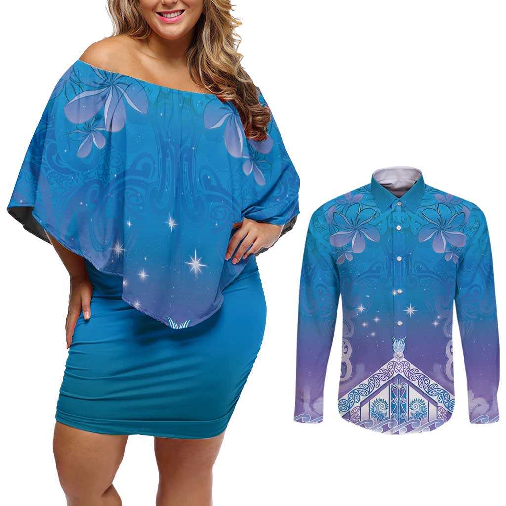 New Zealand Matariki Couples Matching Off Shoulder Short Dress and Long Sleeve Button Shirt Maori Marae Cyan Galaxy LT05 Cyan - Polynesian Pride