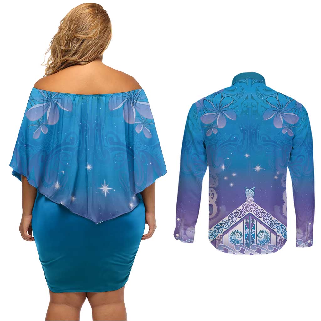 New Zealand Matariki Couples Matching Off Shoulder Short Dress and Long Sleeve Button Shirt Maori Marae Cyan Galaxy LT05 - Polynesian Pride