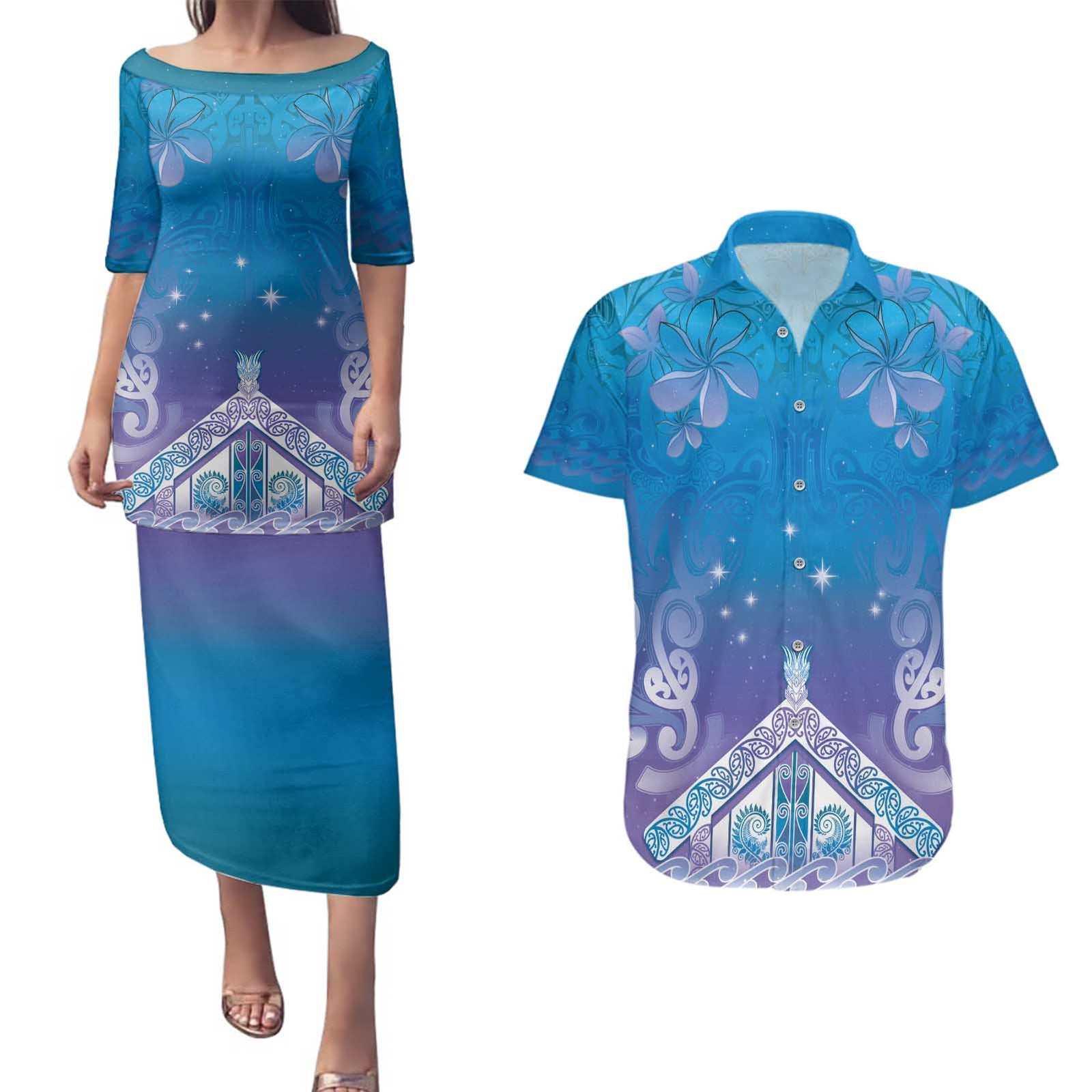 New Zealand Matariki Couples Matching Puletasi and Hawaiian Shirt Maori Marae Cyan Galaxy