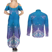 New Zealand Matariki Couples Matching Summer Maxi Dress and Long Sleeve Button Shirt Maori Marae Cyan Galaxy LT05 - Polynesian Pride