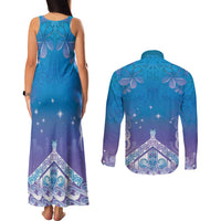 New Zealand Matariki Couples Matching Tank Maxi Dress and Long Sleeve Button Shirt Maori Marae Cyan Galaxy LT05 - Polynesian Pride