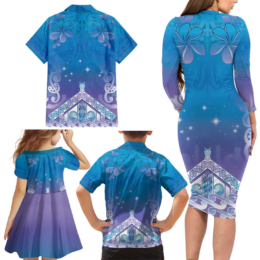 New Zealand Matariki Family Matching Long Sleeve Bodycon Dress and Hawaiian Shirt Maori Marae Cyan Galaxy LT05 - Polynesian Pride