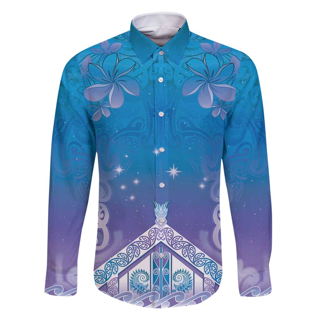 New Zealand Matariki Family Matching Long Sleeve Bodycon Dress and Hawaiian Shirt Maori Marae Cyan Galaxy LT05 Dad's Shirt - Long Sleeve Cyan - Polynesian Pride