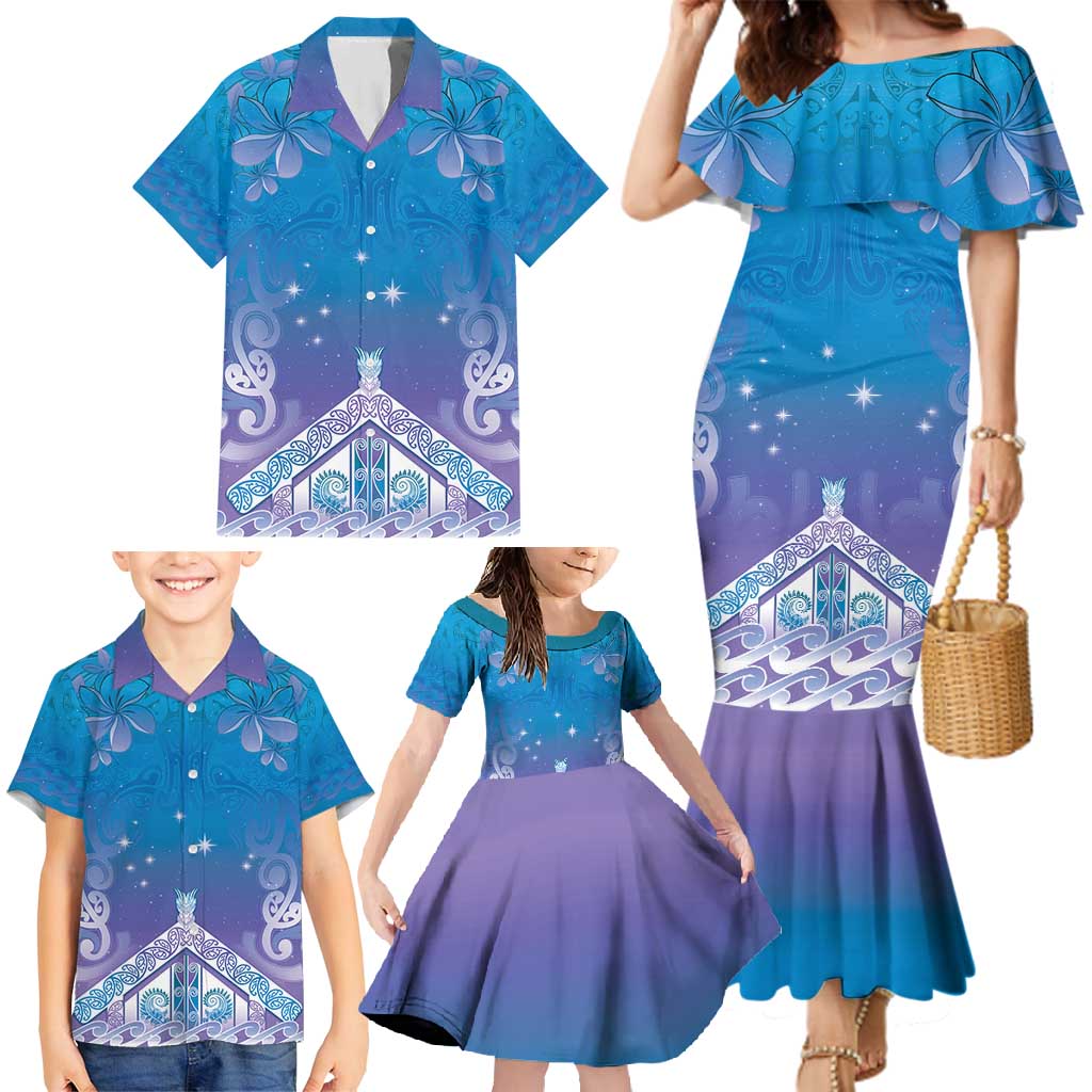 New Zealand Matariki Family Matching Mermaid Dress and Hawaiian Shirt Maori Marae Cyan Galaxy LT05 - Polynesian Pride