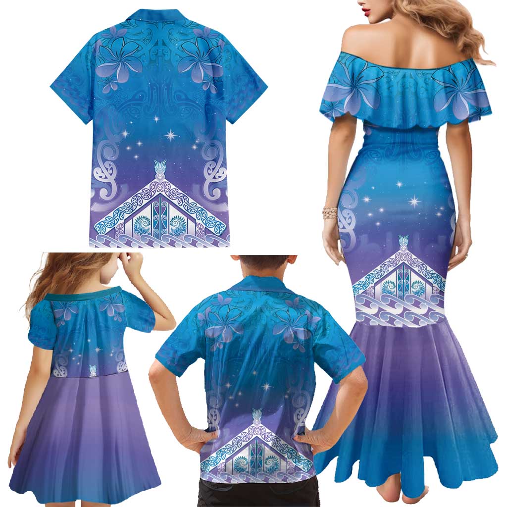 New Zealand Matariki Family Matching Mermaid Dress and Hawaiian Shirt Maori Marae Cyan Galaxy LT05 - Polynesian Pride