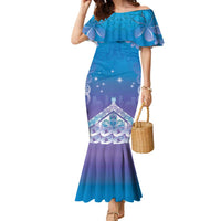 New Zealand Matariki Family Matching Mermaid Dress and Hawaiian Shirt Maori Marae Cyan Galaxy LT05 Mom's Dress Cyan - Polynesian Pride