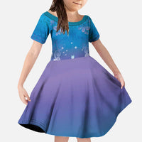 New Zealand Matariki Family Matching Off The Shoulder Long Sleeve Dress and Hawaiian Shirt Maori Marae Cyan Galaxy LT05 Daughter's Dress Cyan - Polynesian Pride
