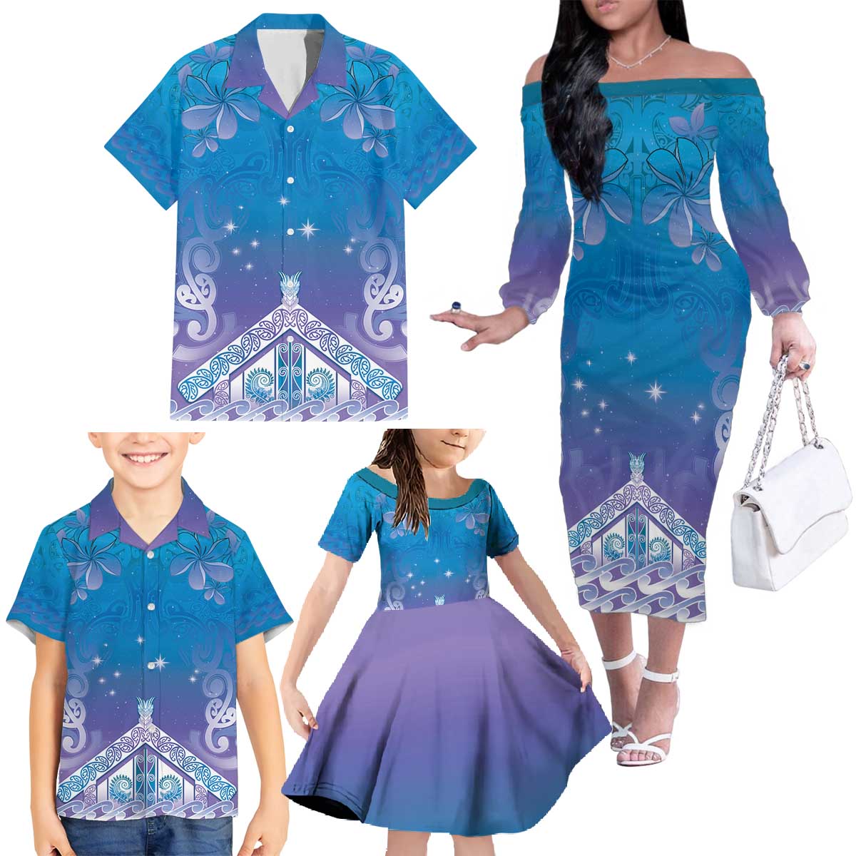 New Zealand Matariki Family Matching Off The Shoulder Long Sleeve Dress and Hawaiian Shirt Maori Marae Cyan Galaxy LT05 - Polynesian Pride