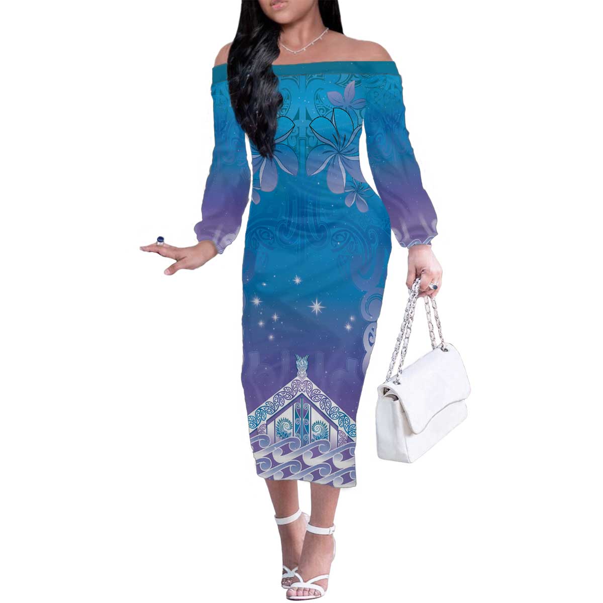 New Zealand Matariki Family Matching Off The Shoulder Long Sleeve Dress and Hawaiian Shirt Maori Marae Cyan Galaxy LT05 Mom's Dress Cyan - Polynesian Pride