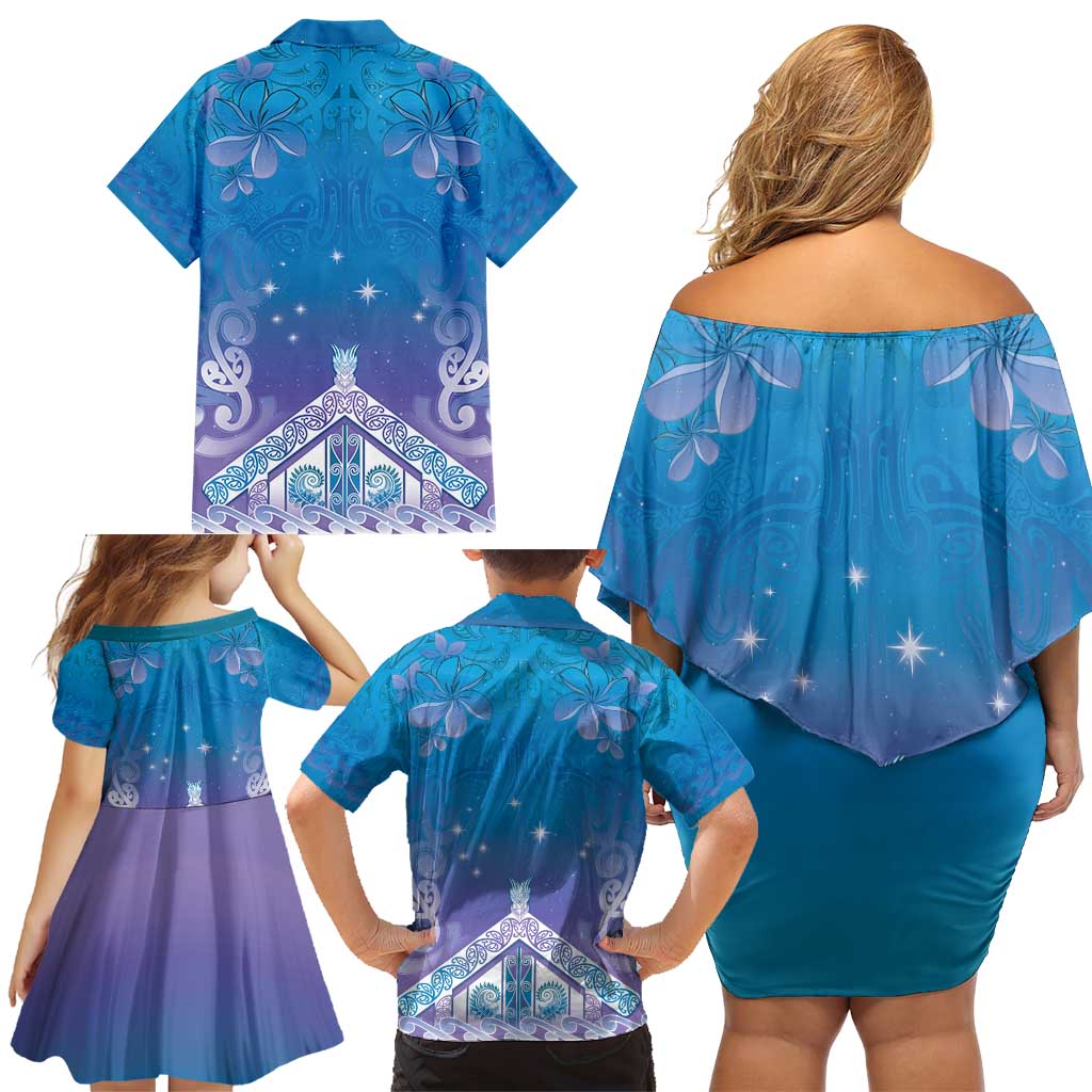 New Zealand Matariki Family Matching Off Shoulder Short Dress and Hawaiian Shirt Maori Marae Cyan Galaxy