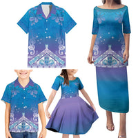New Zealand Matariki Family Matching Puletasi and Hawaiian Shirt Maori Marae Cyan Galaxy LT05 - Polynesian Pride