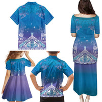 New Zealand Matariki Family Matching Puletasi and Hawaiian Shirt Maori Marae Cyan Galaxy LT05 - Polynesian Pride