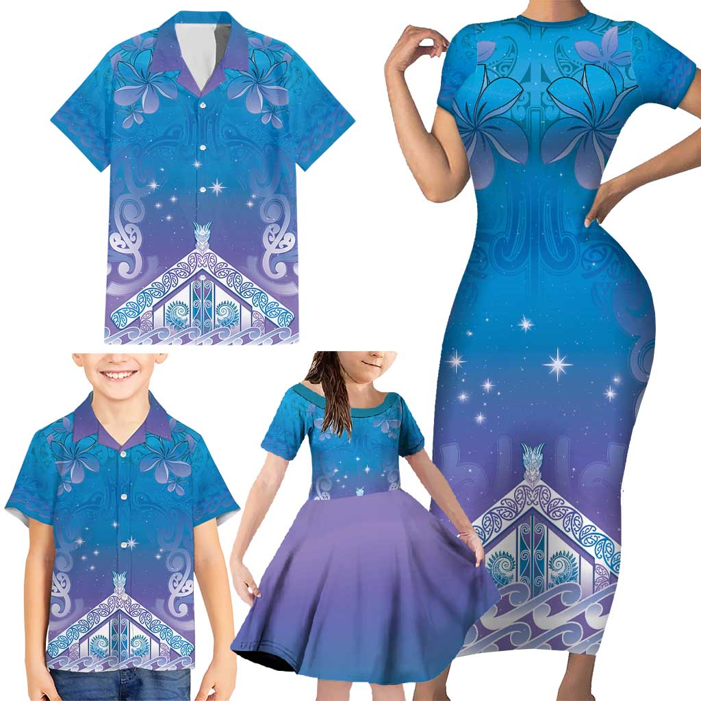 New Zealand Matariki Family Matching Short Sleeve Bodycon Dress and Hawaiian Shirt Maori Marae Cyan Galaxy LT05 - Polynesian Pride