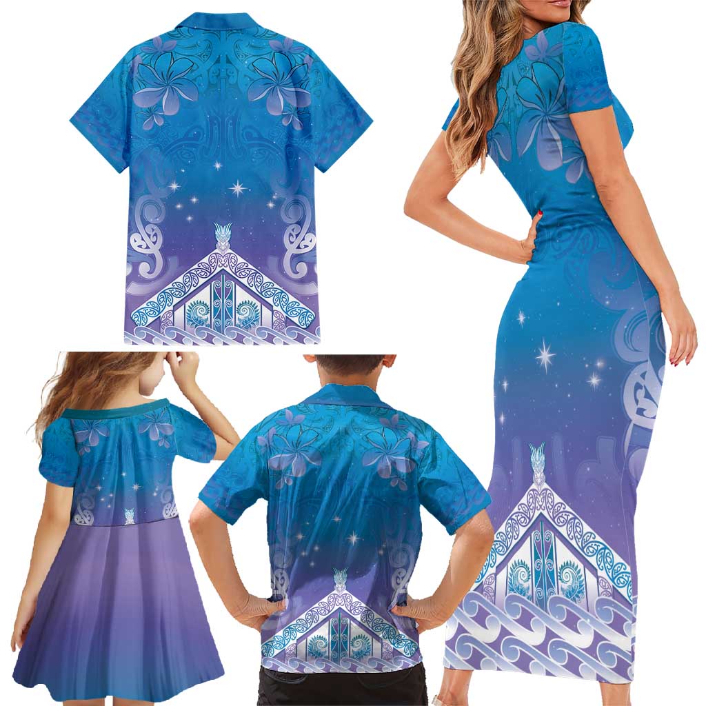 New Zealand Matariki Family Matching Short Sleeve Bodycon Dress and Hawaiian Shirt Maori Marae Cyan Galaxy LT05 - Polynesian Pride
