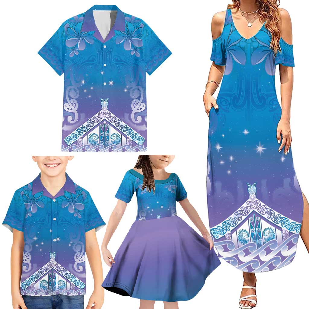 New Zealand Matariki Family Matching Summer Maxi Dress and Hawaiian Shirt Maori Marae Cyan Galaxy LT05 - Polynesian Pride