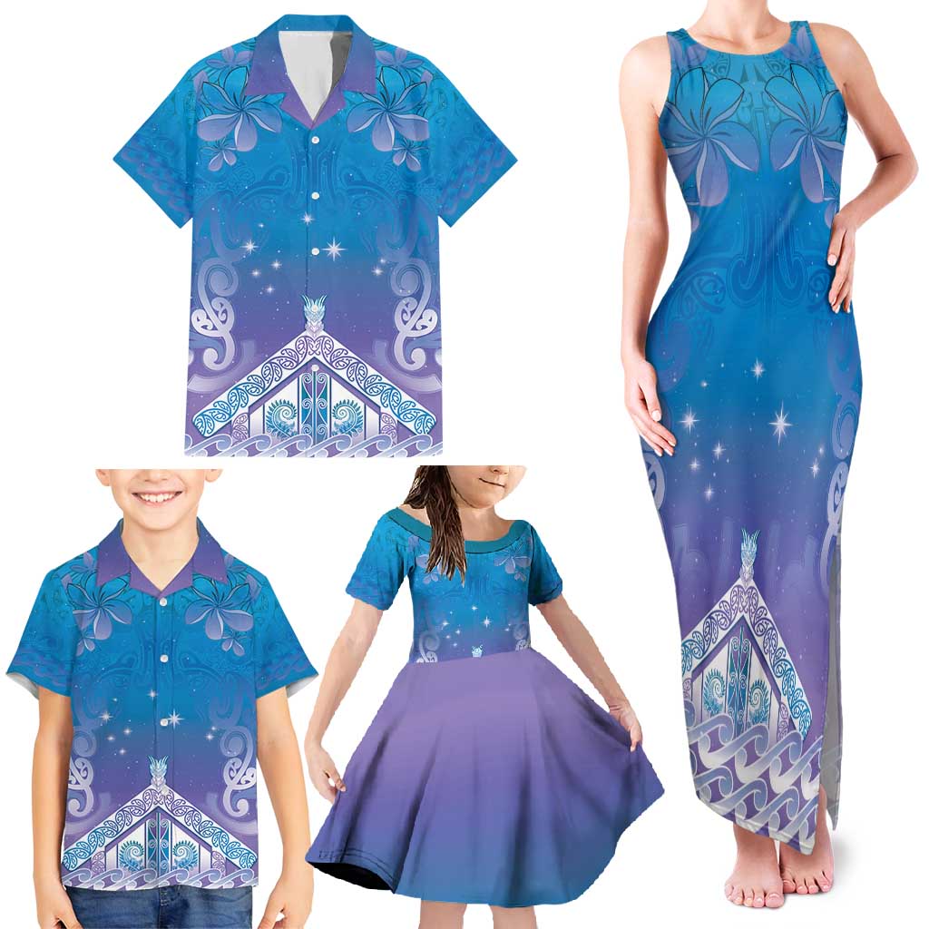 New Zealand Matariki Family Matching Tank Maxi Dress and Hawaiian Shirt Maori Marae Cyan Galaxy LT05 - Polynesian Pride